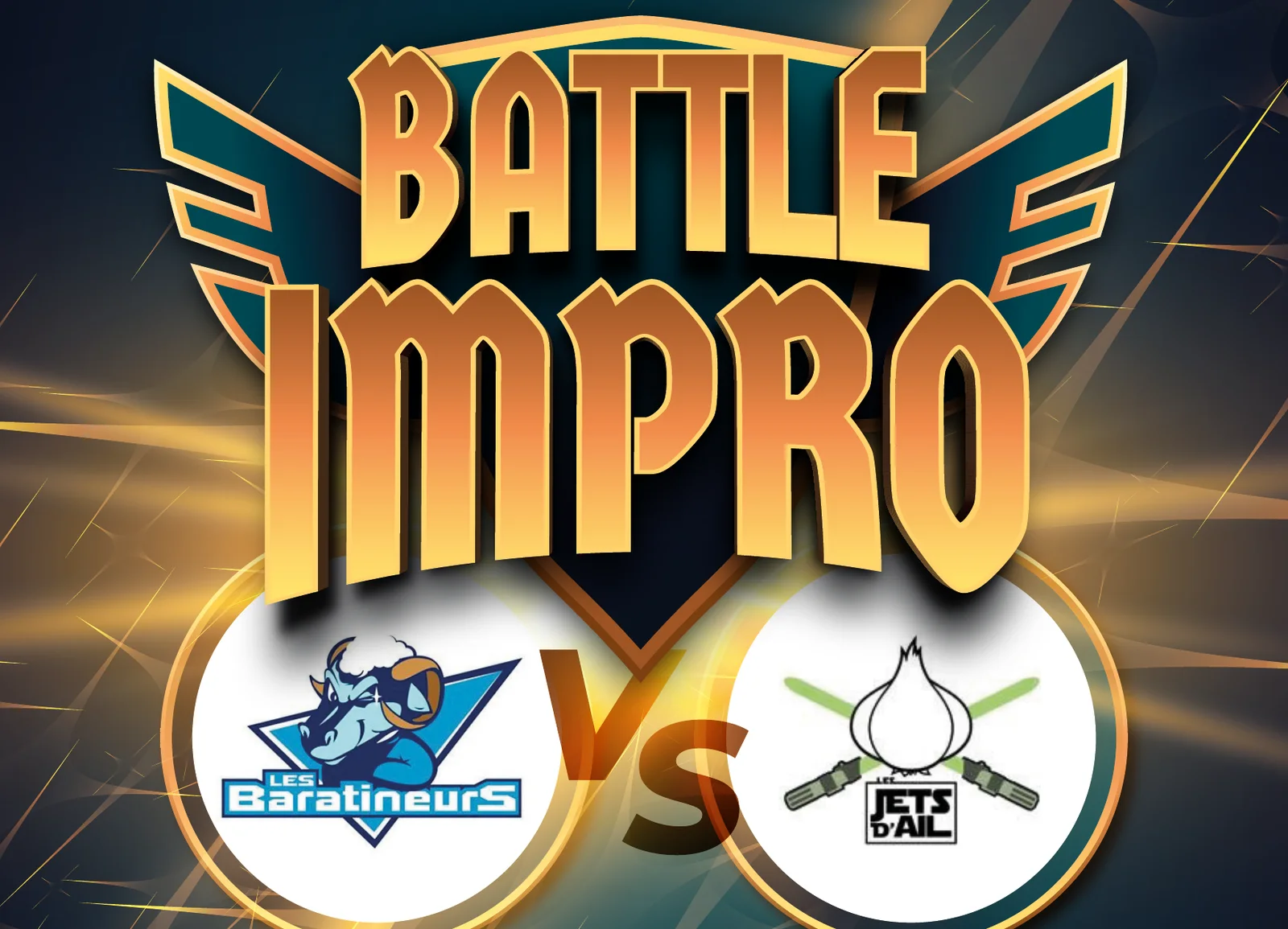 Visuel « Battle Impro » en lettres dorées, avec les logos des Baratineurs et des Jets d'Ail face à face