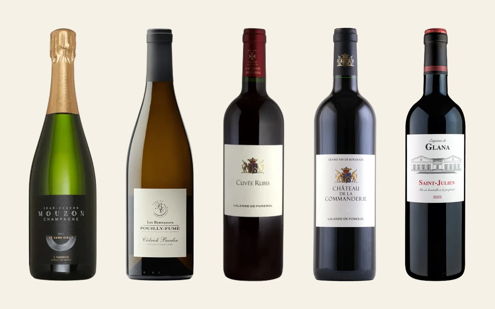 Cinq bouteilles alignées : le champagne Jean-Claude Mouzon « Et sans ciel ? », le Pouilly-Fumé Les Bernadats de Cédrick Bardin, la Cuvée Rubis, le Château de la Commanderie et l'Esquisse de Glana Saint-Julien 2023